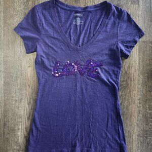 💜🫶Vintage Express Y2K "LOVE" Sequin V-Neck T-Shirt Tee-XS